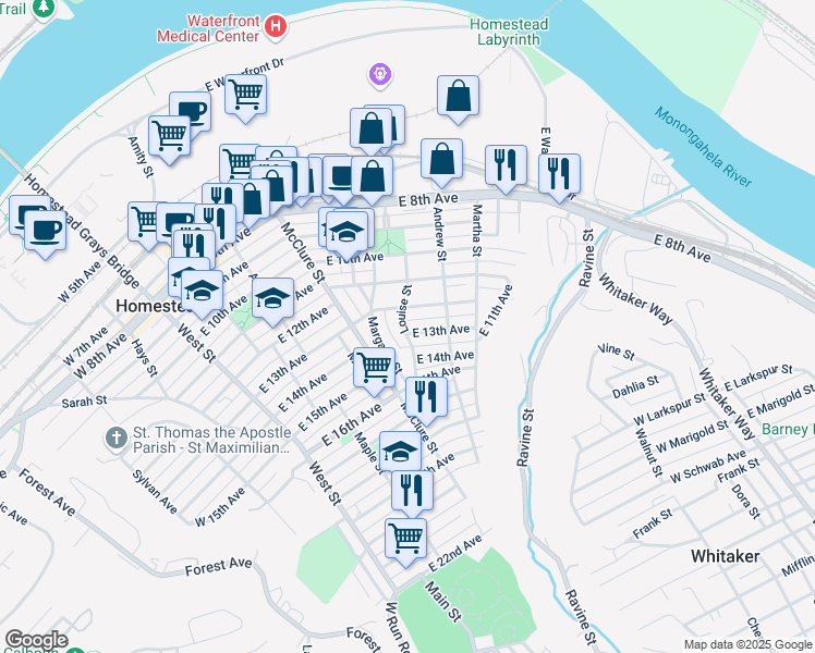 map of restaurants, bars, coffee shops, grocery stores, and more near 604 East 12th Avenue in Munhall