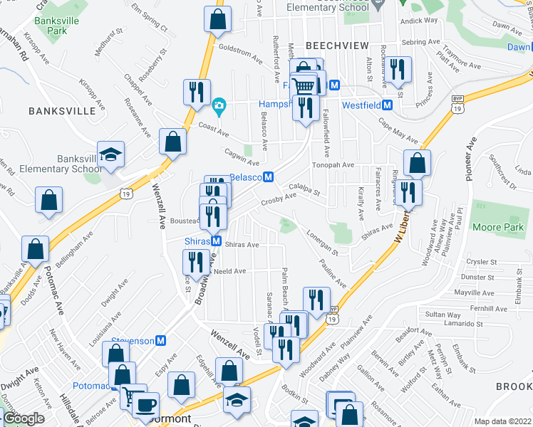 map of restaurants, bars, coffee shops, grocery stores, and more near 2112 Pauline Avenue in Pittsburgh