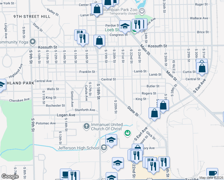 map of restaurants, bars, coffee shops, grocery stores, and more near 1914 State Street in Lafayette