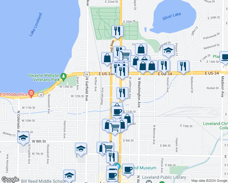 map of restaurants, bars, coffee shops, grocery stores, and more near 1243 North Lincoln Avenue in Loveland