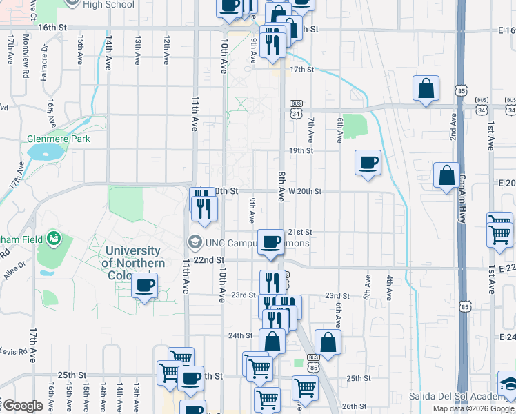 map of restaurants, bars, coffee shops, grocery stores, and more near 2018 9th Avenue in Greeley
