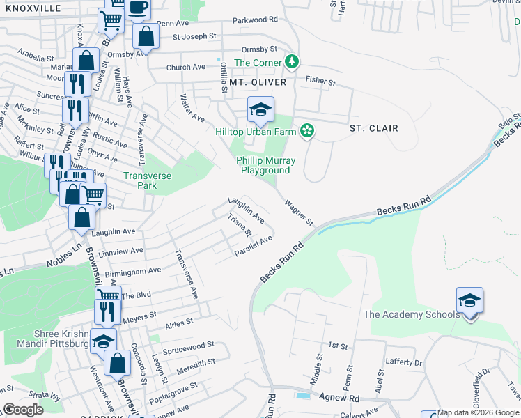 map of restaurants, bars, coffee shops, grocery stores, and more near 515 Laughlin Avenue in Pittsburgh