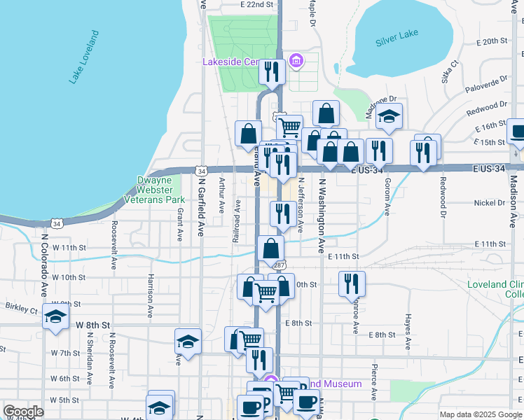 map of restaurants, bars, coffee shops, grocery stores, and more near 1243 North Lincoln Avenue in Loveland