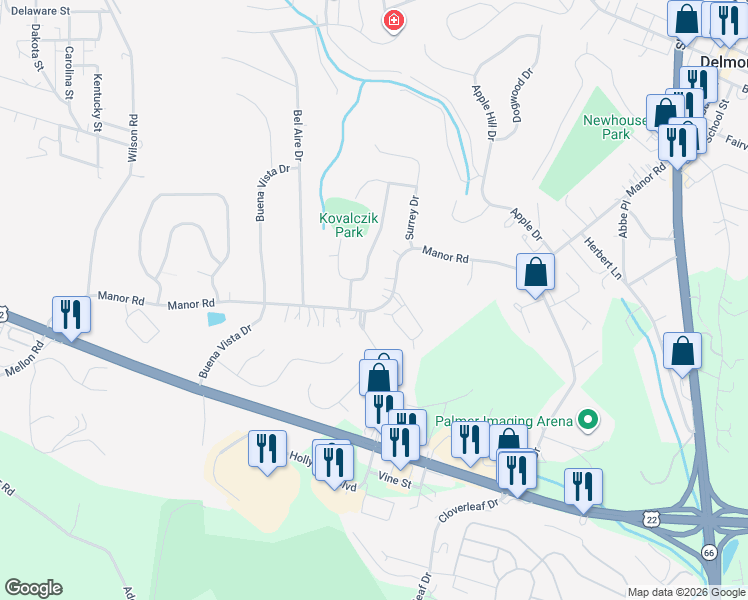 map of restaurants, bars, coffee shops, grocery stores, and more near 419 Manor Road in Delmont