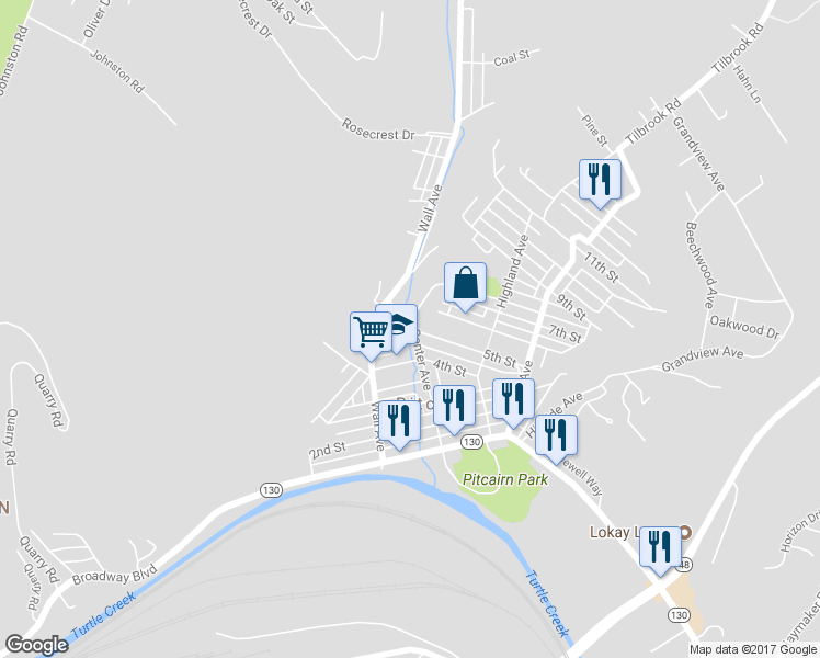 map of restaurants, bars, coffee shops, grocery stores, and more near 524 Center Ave in Pitcairn