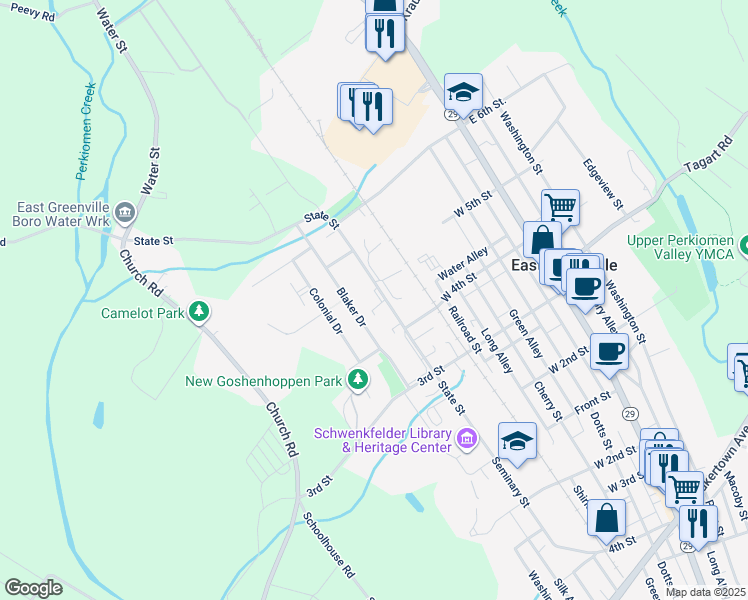 map of restaurants, bars, coffee shops, grocery stores, and more near 448 A State Street in East Greenville