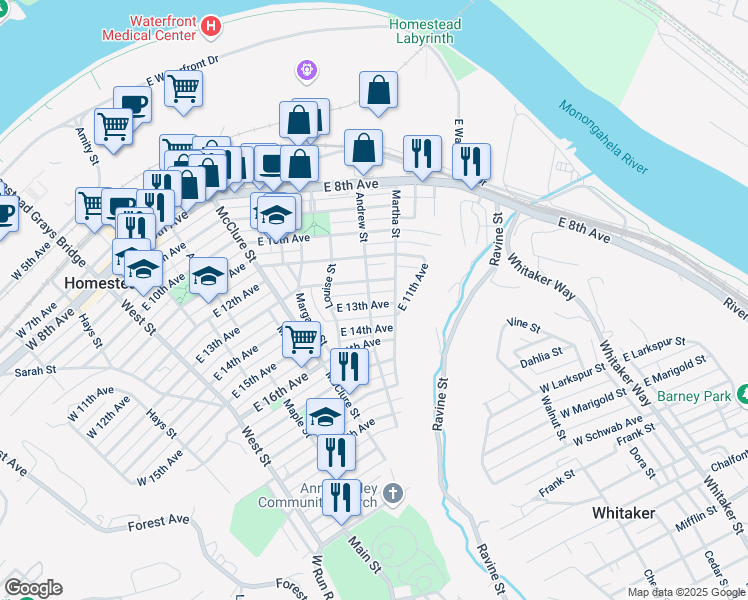 map of restaurants, bars, coffee shops, grocery stores, and more near 701 East 13th Avenue in Munhall