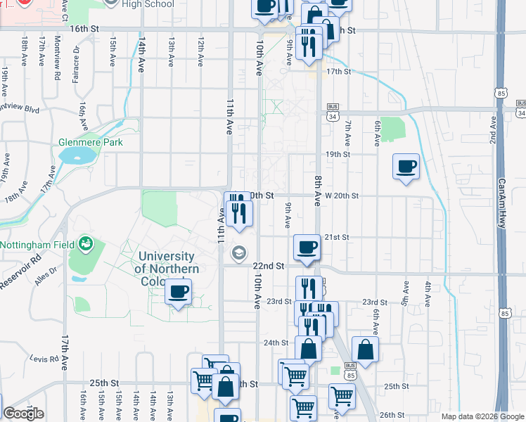 map of restaurants, bars, coffee shops, grocery stores, and more near 2018 10th Avenue in Greeley