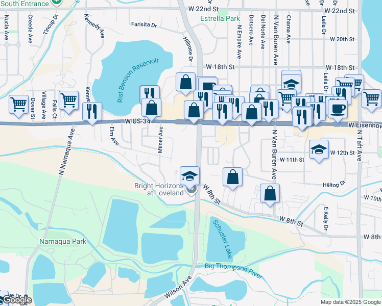 map of restaurants, bars, coffee shops, grocery stores, and more near 1165 North Wilson Avenue in Loveland