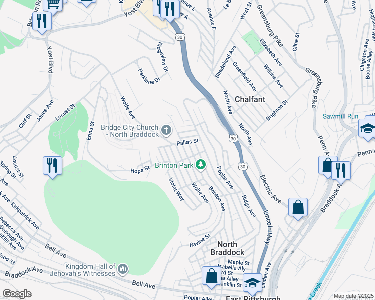 map of restaurants, bars, coffee shops, grocery stores, and more near 1305 Wolfe Avenue in Braddock