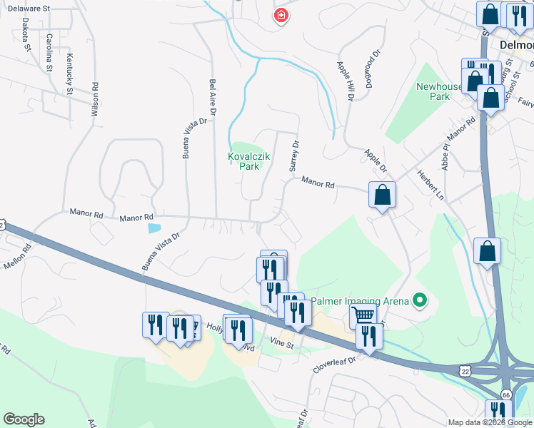 map of restaurants, bars, coffee shops, grocery stores, and more near 419 Manor Road in Delmont