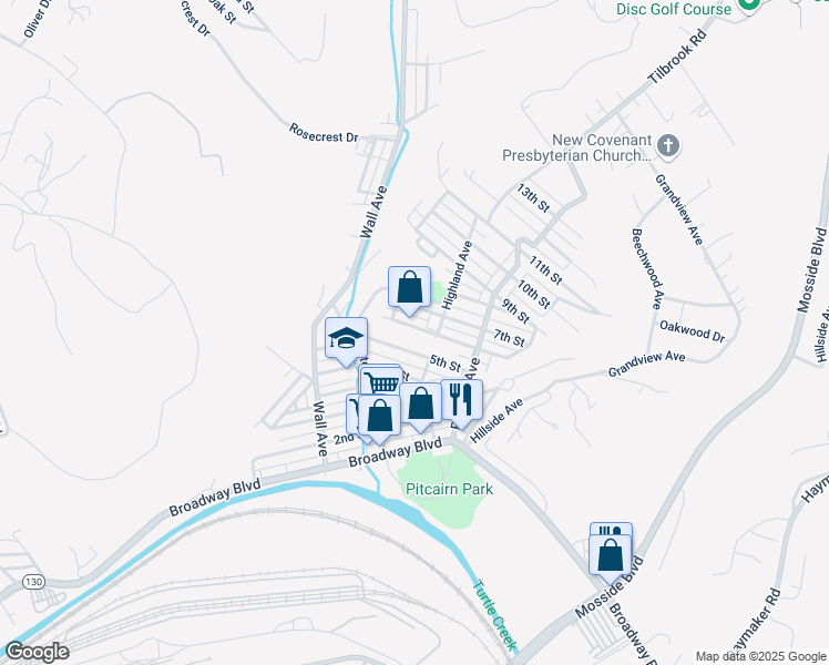 map of restaurants, bars, coffee shops, grocery stores, and more near 565 Sixth Street in Pitcairn