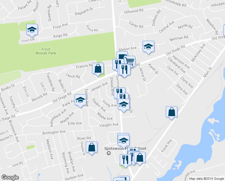 map of restaurants, bars, coffee shops, grocery stores, and more near 106 Ellenel Boulevard in Spotswood