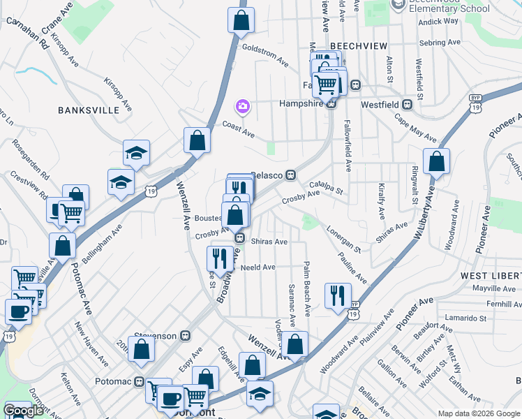 map of restaurants, bars, coffee shops, grocery stores, and more near 2025 Broadway Avenue in Pittsburgh