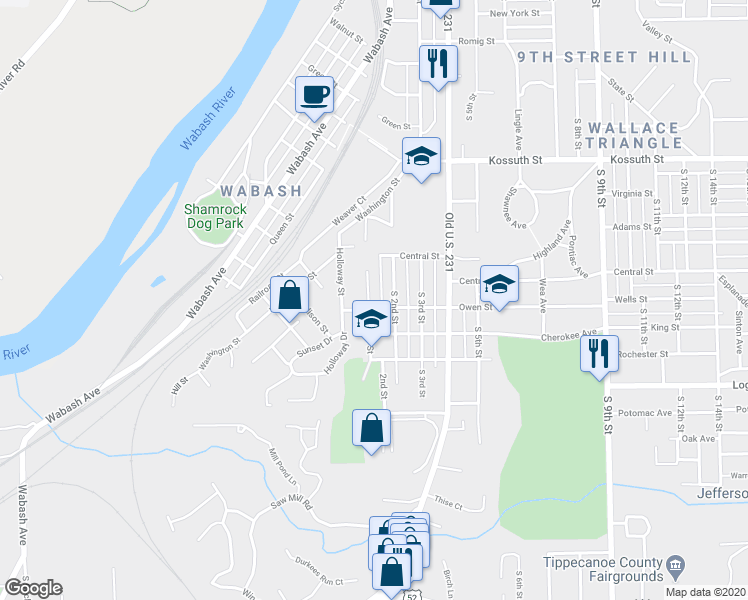 map of restaurants, bars, coffee shops, grocery stores, and more near 102 Owen Street in Lafayette