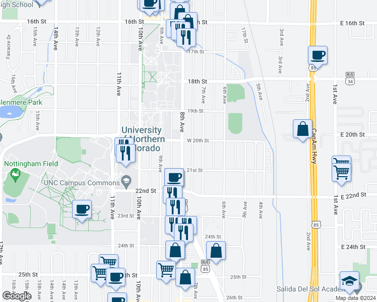 map of restaurants, bars, coffee shops, grocery stores, and more near 2010 U.S. 85 Business in Greeley