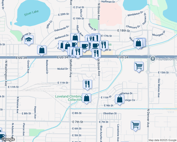 map of restaurants, bars, coffee shops, grocery stores, and more near 1420 Sunset Place in Loveland