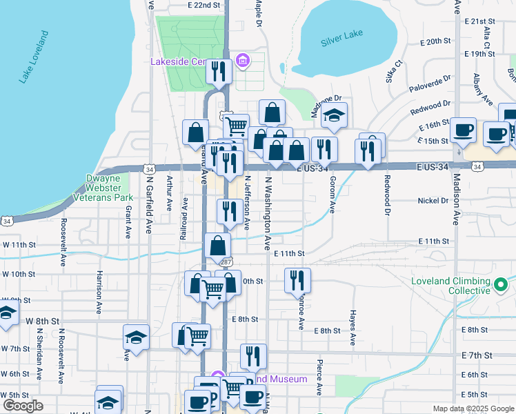 map of restaurants, bars, coffee shops, grocery stores, and more near 1273 North Washington Avenue in Loveland