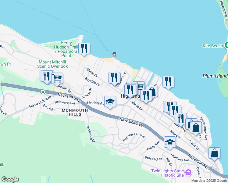 map of restaurants, bars, coffee shops, grocery stores, and more near 319 Shore Drive in Highlands
