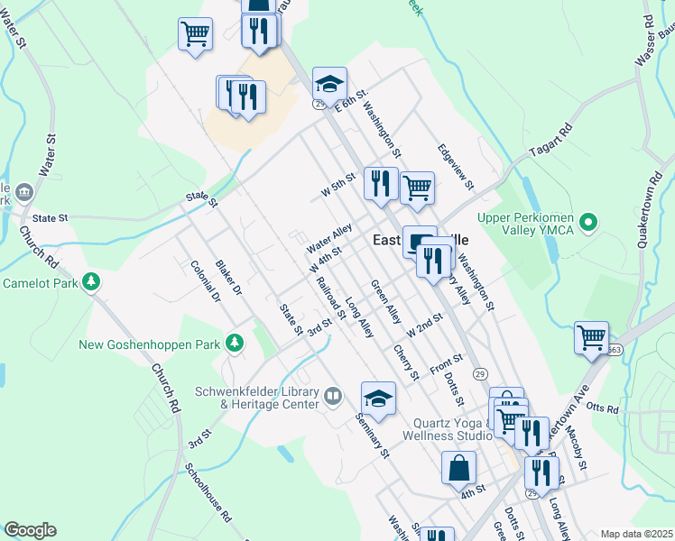 map of restaurants, bars, coffee shops, grocery stores, and more near 338 Cherry Street in East Greenville