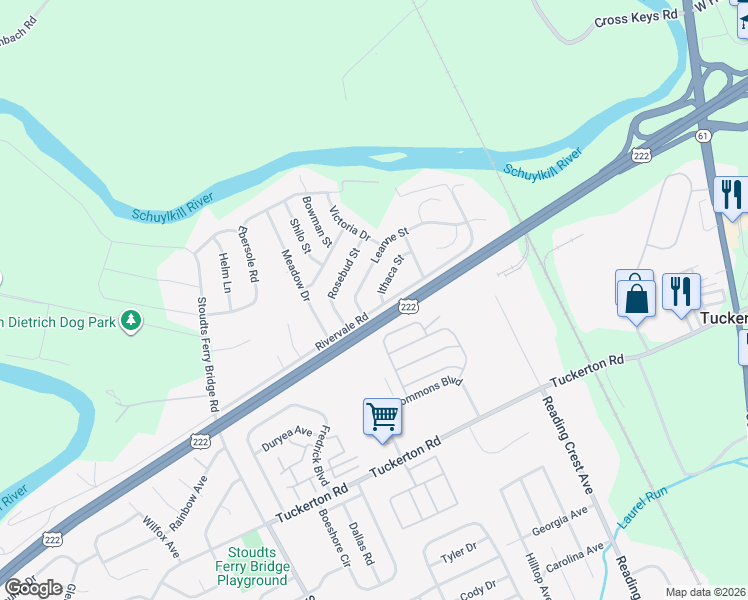 map of restaurants, bars, coffee shops, grocery stores, and more near 1006 Ithaca Street in Reading