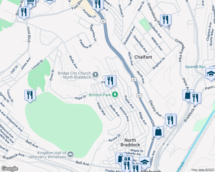 map of restaurants, bars, coffee shops, grocery stores, and more near 1305 Wolfe Avenue in Braddock