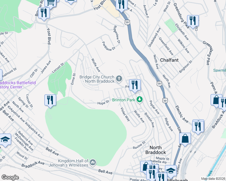 map of restaurants, bars, coffee shops, grocery stores, and more near 1300 Grant Street in Braddock