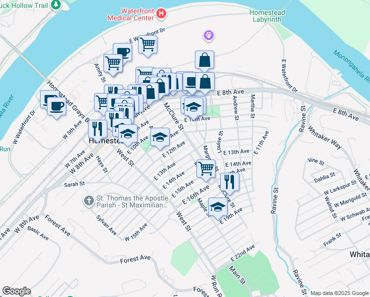 map of restaurants, bars, coffee shops, grocery stores, and more near 1212 McClure Street in Homestead