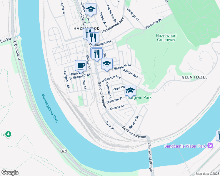 map of restaurants, bars, coffee shops, grocery stores, and more near 214 Trowbridge Street in Pittsburgh