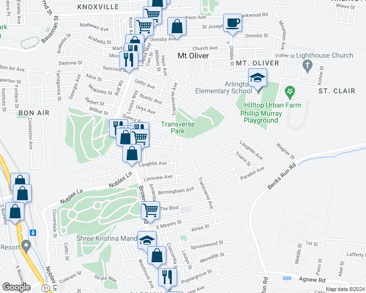 map of restaurants, bars, coffee shops, grocery stores, and more near 1010 Wingate Street in Pittsburgh
