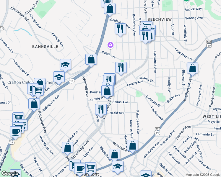map of restaurants, bars, coffee shops, grocery stores, and more near 2025 Broadway Avenue in Pittsburgh