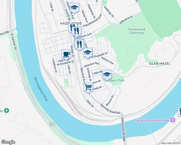 map of restaurants, bars, coffee shops, grocery stores, and more near 214 Trowbridge Street in Pittsburgh
