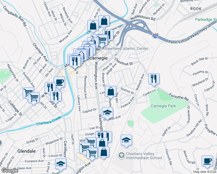 map of restaurants, bars, coffee shops, grocery stores, and more near 642 Ridge Avenue in Carnegie