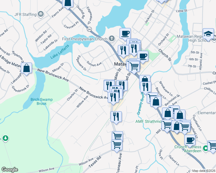 map of restaurants, bars, coffee shops, grocery stores, and more near 8 Ziegler Place in Matawan
