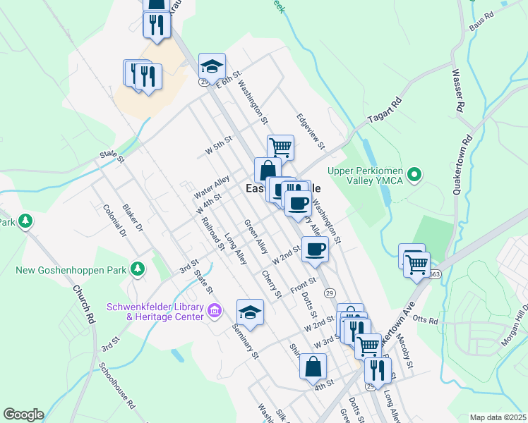 map of restaurants, bars, coffee shops, grocery stores, and more near 127 3rd Street in East Greenville