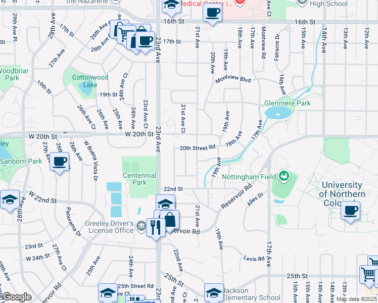 map of restaurants, bars, coffee shops, grocery stores, and more near 2032 21st Avenue Court in Greeley