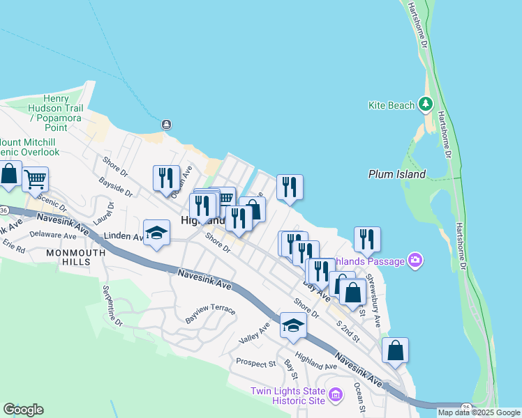 map of restaurants, bars, coffee shops, grocery stores, and more near 30 Sea Drift Avenue in Highlands