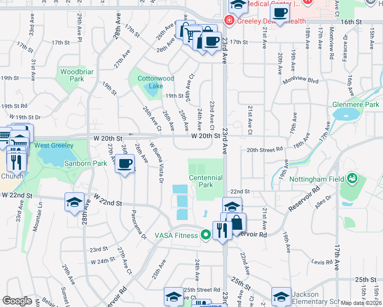 map of restaurants, bars, coffee shops, grocery stores, and more near 2402 West 20th Street Road in Greeley
