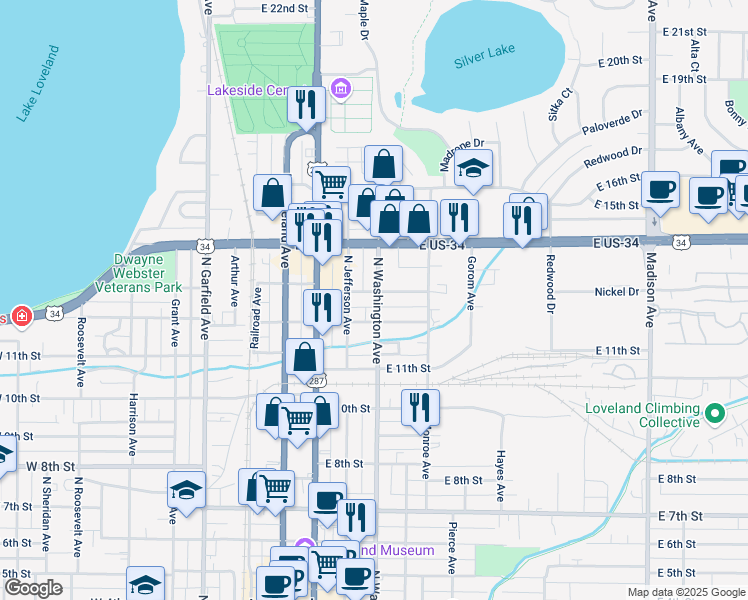 map of restaurants, bars, coffee shops, grocery stores, and more near 1273 North Washington Avenue in Loveland