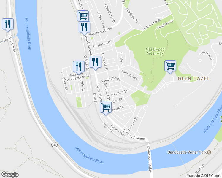 map of restaurants, bars, coffee shops, grocery stores, and more near 214 Trowbridge Street in Pittsburgh