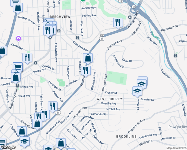 map of restaurants, bars, coffee shops, grocery stores, and more near 1820 Woodward Avenue in Pittsburgh