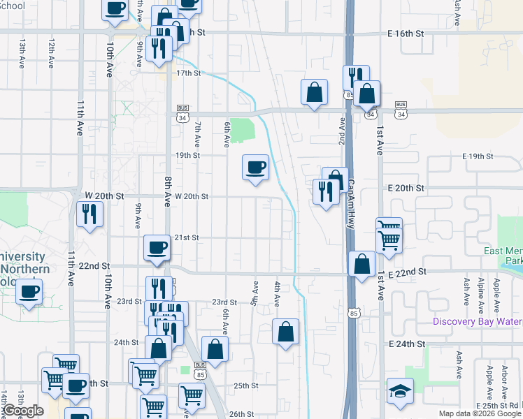 map of restaurants, bars, coffee shops, grocery stores, and more near 2014 5th Avenue in Greeley