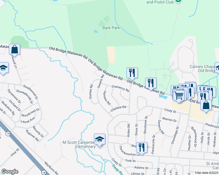 map of restaurants, bars, coffee shops, grocery stores, and more near 12 Gramercy Road in Old Bridge