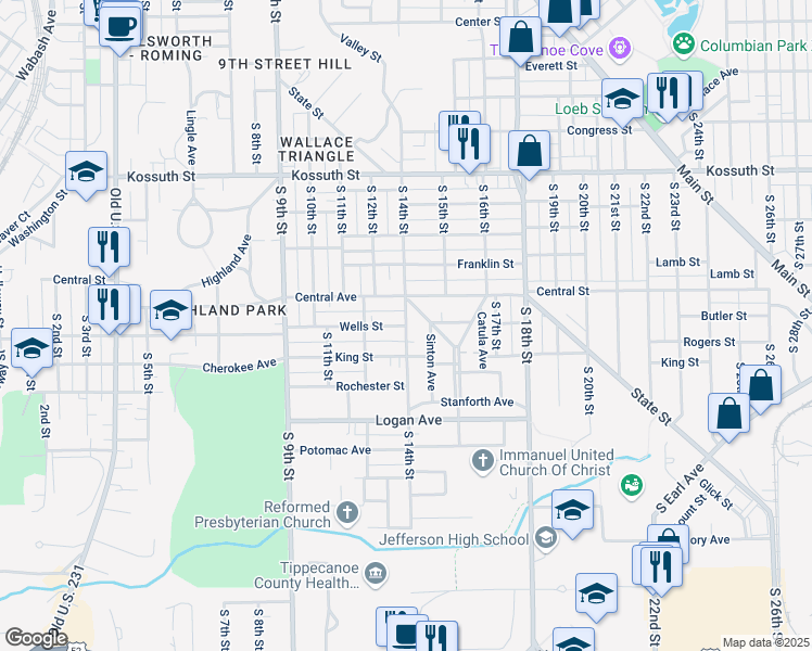 map of restaurants, bars, coffee shops, grocery stores, and more near 1199 S 14th St in Lafayette