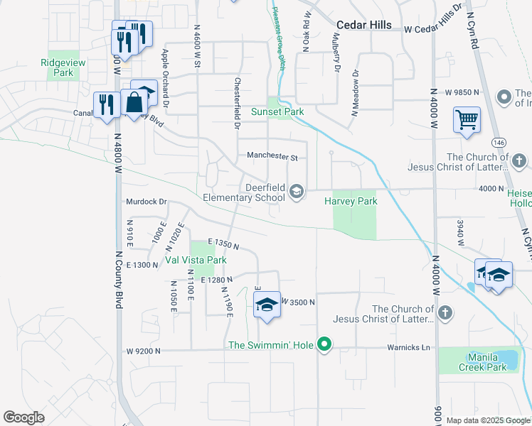 map of restaurants, bars, coffee shops, grocery stores, and more near 4441 West Bridgestone Drive in Cedar Hills