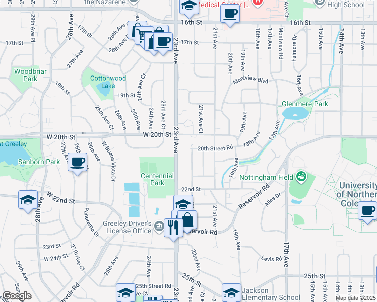 map of restaurants, bars, coffee shops, grocery stores, and more near 2033 22nd Avenue in Greeley