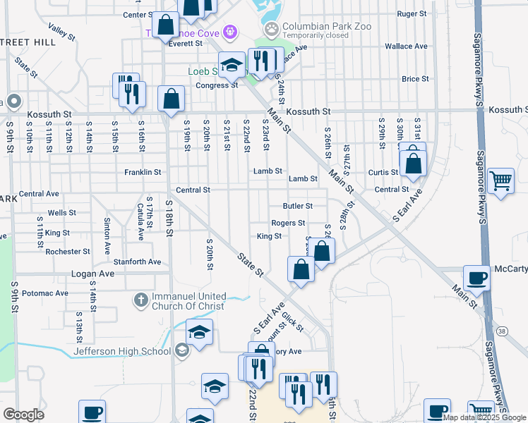 map of restaurants, bars, coffee shops, grocery stores, and more near 1128 South 23rd Street in Lafayette