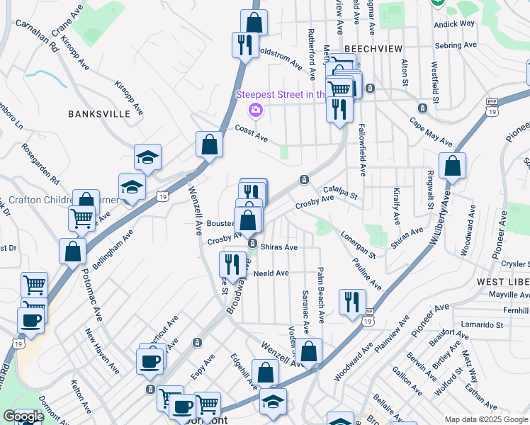 map of restaurants, bars, coffee shops, grocery stores, and more near 2025 Broadway Avenue in Pittsburgh