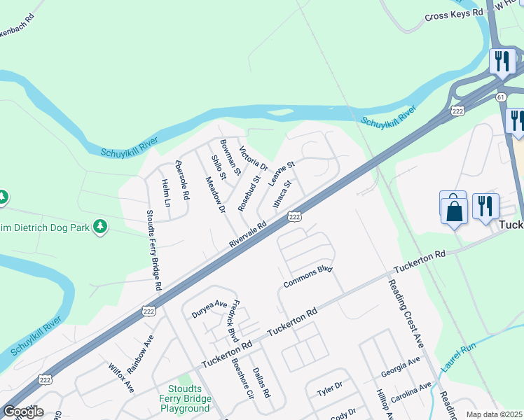 map of restaurants, bars, coffee shops, grocery stores, and more near 1005 Leanne Street in Reading