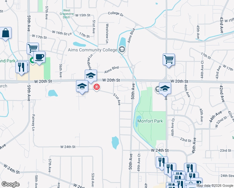 map of restaurants, bars, coffee shops, grocery stores, and more near 2042 51st Avenue in Greeley